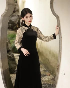 Mah, Razrezana Raglan Rokav Qipao Novi Kitajski Slog Black Ženske Seksi Slim Fit Elegantno Cheongsam Tradicionalno Kitajsko Obleko 3