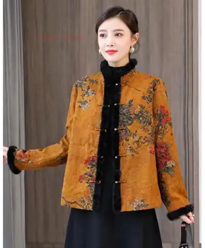 2024 kitajski nacionalni cvet tiskanja vintage plašč ženske, etnične bombaž-oblazinjeni suknjič retro tang obleko stojala za ovratnik zgostitev topel plašč 3