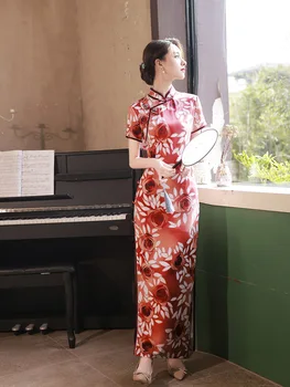 Poletje Elegantno Cvjetnim Tiskanja Kratek Rokav Gumb Qipao Kitajski Slog Saten Mandarin Ovratnik Cheongsam Vestidos 3