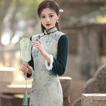 Jeseni, Pozimi Novo Vaflji Runo Izboljšano Retro Cheongsam Ženske Elegantne Umetnosti, ki se Oblikuje Rokav Kontrast Qipao Tradicionalno Obleko 3