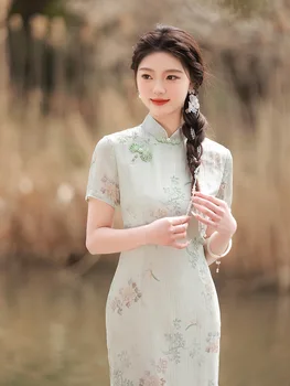 Tradicionalne Tiskane Jacquardske Šifon Kitajskih Žensk Qipao Poletje Retro Mandarin Ovratnik Cheongsam Večerno Obleko 3