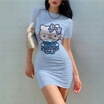 2023 Poletje Hello Kitty Seksi Obleko 3D Tiskanih Risanka Žensk Tesen Stretch Mini Obleka O Vratu Priložnostne Slim Svinčnik Kratek Vestido 3