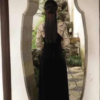 Mah, Razrezana Raglan Rokav Qipao Novi Kitajski Slog Black Ženske Seksi Slim Fit Elegantno Cheongsam Tradicionalno Kitajsko Obleko 4