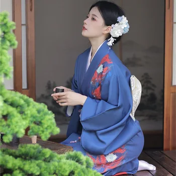 Japonski Tradicionalni Kimono Plašč Z Obi Tiskanja Cvet Zračen Obleke, Kopalke Ženske Ženske Gejša Haori Yukata Kimono Obleke Obleko 4