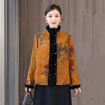 2024 kitajski nacionalni cvet tiskanja vintage plašč ženske, etnične bombaž-oblazinjeni suknjič retro tang obleko stojala za ovratnik zgostitev topel plašč 4