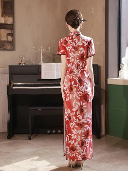 Poletje Elegantno Cvjetnim Tiskanja Kratek Rokav Gumb Qipao Kitajski Slog Saten Mandarin Ovratnik Cheongsam Vestidos 4