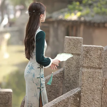 Jeseni, Pozimi Novo Vaflji Runo Izboljšano Retro Cheongsam Ženske Elegantne Umetnosti, ki se Oblikuje Rokav Kontrast Qipao Tradicionalno Obleko 4