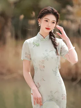 Tradicionalne Tiskane Jacquardske Šifon Kitajskih Žensk Qipao Poletje Retro Mandarin Ovratnik Cheongsam Večerno Obleko 4