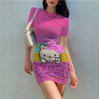 2023 Poletje Hello Kitty Seksi Obleko 3D Tiskanih Risanka Žensk Tesen Stretch Mini Obleka O Vratu Priložnostne Slim Svinčnik Kratek Vestido 4