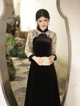 Mah, Razrezana Raglan Rokav Qipao Novi Kitajski Slog Black Ženske Seksi Slim Fit Elegantno Cheongsam Tradicionalno Kitajsko Obleko 5