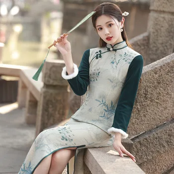 Jeseni, Pozimi Novo Vaflji Runo Izboljšano Retro Cheongsam Ženske Elegantne Umetnosti, ki se Oblikuje Rokav Kontrast Qipao Tradicionalno Obleko 5